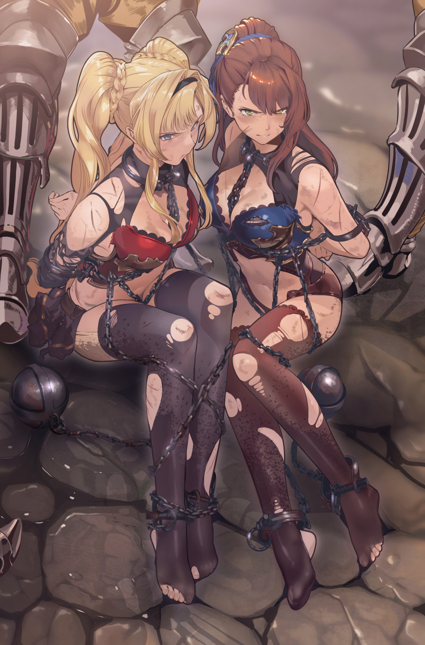 2girls absurdres arms_behind_back ball_and_chain_restraint bdsm beatrix_(granblue_fantasy) blonde_hair blue_eyes bondage boots bound breasts brown_hair captured chain chained cleavage cleavage_cutout clothing_cutout collar commission feet granblue_fantasy green_eyes high_heel_boots high_heels highres long_hair metal_collar multiple_girls navel no_armor ponytail restrained tears thighhighs torn_clothes torn_thighhighs twintails yewang19 zeta_(granblue_fantasy)