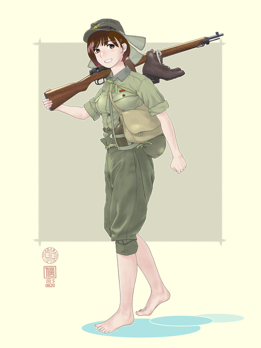 1girl absurdres bag barefoot bob_cut boots boots_removed brown_background brown_eyes brown_hair carrying_over_shoulder commission dated grin gun hat_flaps highres hip_flask looking_at_viewer military_uniform original rifle shoulder_bag sino_(mechanized_gallery) sleeves_rolled_up smile soldier solo square uniform visor_cap walking weapon weapon_request