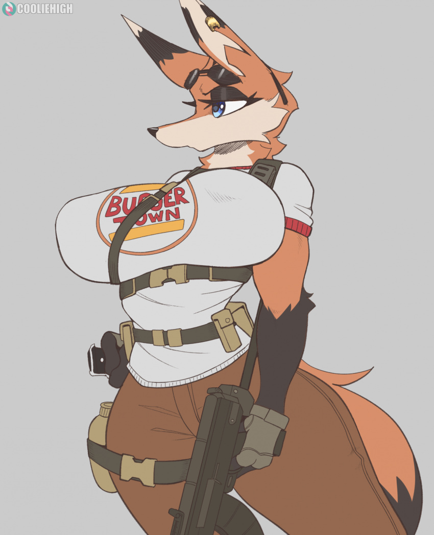 anthro big_breasts blue_eyes breasts canid canine cooliehigh ear_piercing eyewear eyewear_on_head female fox fur ginger_(cooliehigh) glasses glasses_on_head grey_background hi_res holding_object holding_weapon mammal orange_body orange_fur piercing simple_background solo weapon