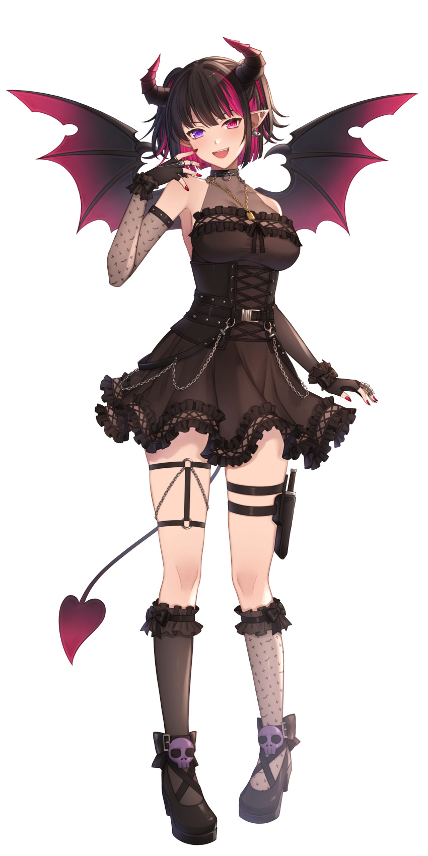 1girl :d absurdres ankle_bow annno_ans asymmetrical_legwear belt black_belt black_bow black_choker black_corset black_dress black_footwear black_gloves black_hair black_horns black_socks black_wings bow breasts choker colored_inner_hair corset cross_print demon_girl demon_horns demon_tail demon_wings dress ear_piercing earrings elbow_gloves fang fingerless_gloves frilled_dress frilled_socks frills full_body gloves hand_to_own_mouth hand_up heterochromia high_heels highres horns jewelry kneehighs knife large_breasts lock_necklace looking_at_viewer majiro_akuwa mismatched_legwear multicolored_hair o-ring o-ring_thigh_strap official_art piercing pigeon-toed pink_eyes pink_hair pointy_ears purple_eyes red_nails ring see-through_cleavage short_dress skull_ornament sleeveless sleeveless_dress smile socks solo standing streaked_hair tachi-e tail thigh_sheath thigh_strap toki_production transparent_background two_side_up virtual_youtuber wings wrist_cuffs
