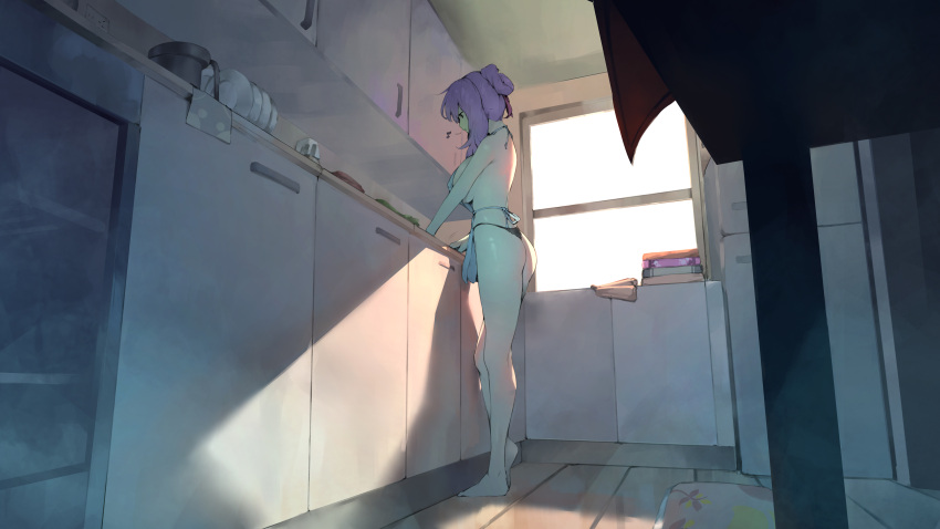 1girl absurdres apron ass black_panties breasts full_body hair_ribbon highres hiiragi_shinoa indoors large_breasts musical_note nearly_naked_apron owari_no_seraph panties purple_hair ribbon rou_(rou22) short_hair solo spoken_musical_note standing string_panties underwear