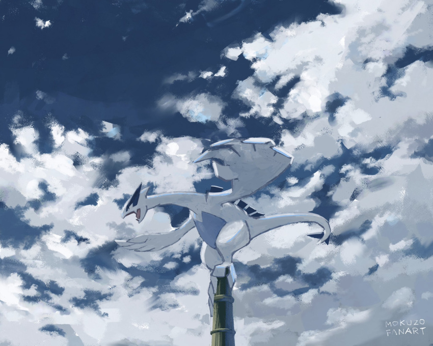 black_eyes cloud day fang highres lugia mokuzou_(moku_ssbu) no_humans open_mouth outdoors outstretched_arms pokemon pokemon_(creature) signature skin_fang sky solo standing