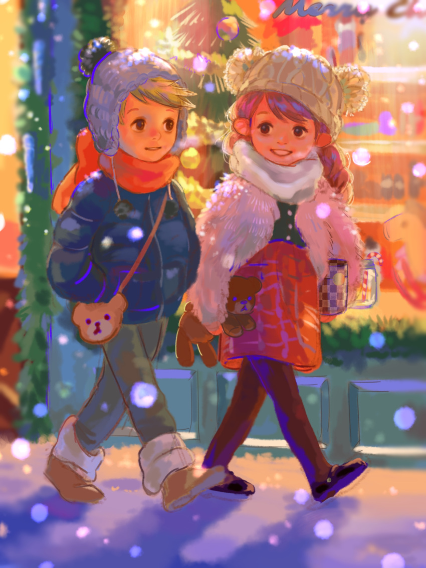 1boy 1girl bag blonde_hair blue_coat brown_footwear brown_hair candy candy_cane child christmas coat food handbag highres holding holding_stuffed_toy knit_hat long_hair merry_christmas original outdoors red_scarf red_skirt scarf sennbee1027 shadow skirt smile snow snowing stuffed_animal stuffed_toy teddy_bear toy walking white_scarf