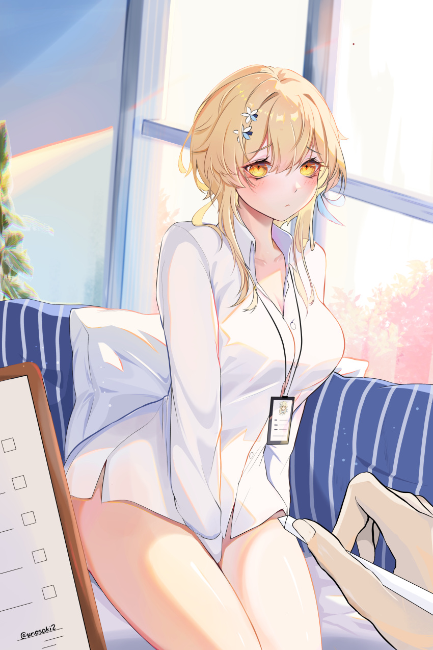1girl :&lt; absurdres arm_behind_back artist_name between_legs blonde_hair breasts cleavage collar couch genshin_impact hair_between_eyes hand_between_legs highres holding holding_pen id_card lanyard long_sleeves looking_at_viewer lumine_(genshin_impact) no_pants on_couch pen pillow shirt short_hair sitting thighs unosaki2 white_shirt window yellow_eyes