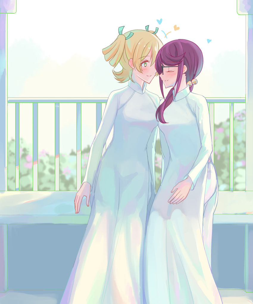 2girls absurdres blonde_hair blush daiba_nana garden green_eyes highres hoshimi_junna multiple_girls nguyen_tam_lee purple_eyes short_hair shoujo_kageki_revue_starlight sitting sky vietnamese_clothes vietnamese_dress