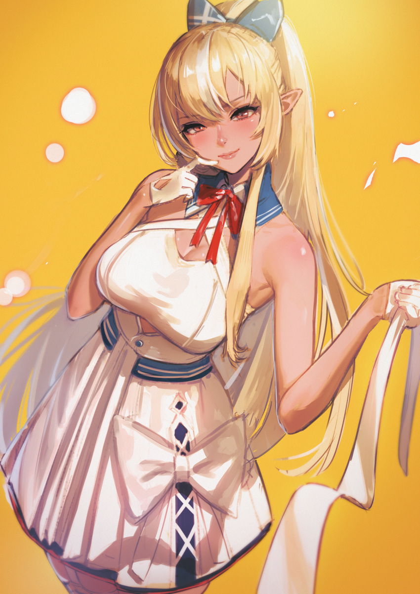 1girl bare_arms bare_shoulders blonde_hair breasts brown_eyes commentary dress gloves hair_between_eyes half_gloves highres hololive large_breasts light_blush light_smile long_hair looking_at_viewer orange_background pointy_ears ponytail ribbon shiranui_flare simple_background sleeveless sleeveless_dress solo takami_masahiro very_long_hair virtual_youtuber white_dress white_gloves white_ribbon