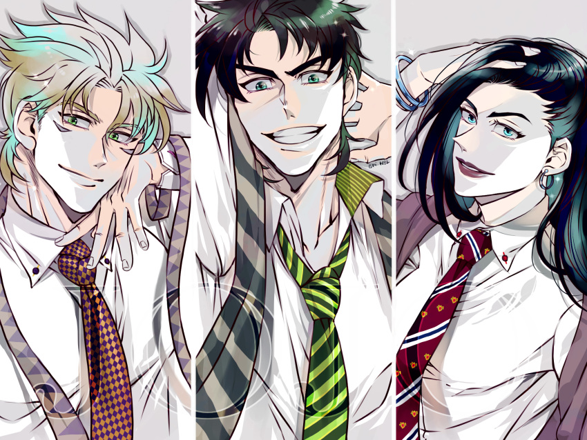 1girl 2boys battle_tendency black_hair blonde_hair bracelet brown_hair caesar_anthonio_zeppeli checkered_necktie dress_shirt facial_mark green_eyes grin hand_in_own_hair headband highres hoop jewelry jojo_no_kimyou_na_bouken joseph_joestar joseph_joestar_(young) lisa_lisa mikan03260 multiple_boys necktie scarf shirt smile striped striped_necktie striped_scarf triangle_print