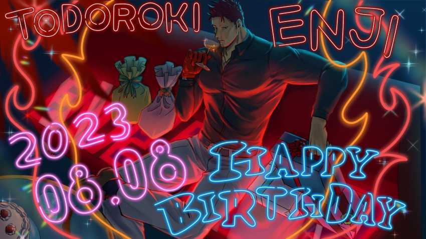 1boy 2hmnskihyhy1 bara beard beard_stubble birthday boku_no_hero_academia box character_name collared_shirt couch cup drinking_glass endeavor_(boku_no_hero_academia) facial_hair feathers foot_out_of_frame from_above gift gift_box glowing happy_birthday highres large_pectorals leg_up male_focus mature_male muscular muscular_male on_couch pants pectorals red_feathers scar scar_across_eye shirt short_hair sideburns sitting solo spiked_hair stubble text_focus thick_eyebrows wine_glass