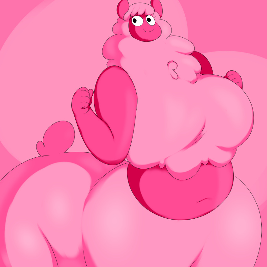 alpaca big_breasts black_eyelashes black_eyes breasts camelid centaurworld chubby_female closed_smile denizen1414 eyelashes female fist fluffy fluffy_tail fur hi_res humanoid_hands mammal mouth_closed navel netflix noseless pink_background pink_body pink_ears pink_fur pink_skin pink_tail pink_wool simple_background slightly_chubby smile solo tail taur wammawink wool_(fur)