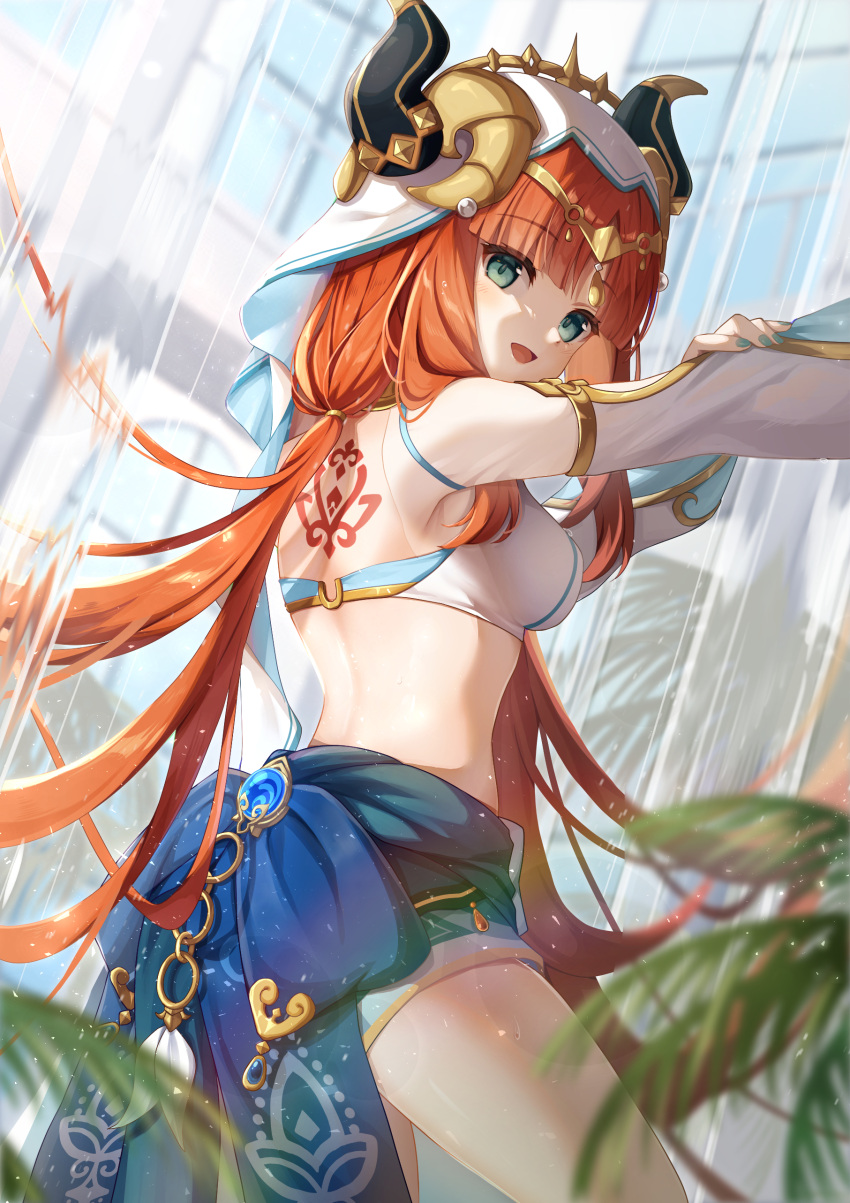 1girl absurdres aqua_eyes back_tattoo blue_gemstone blue_skirt blurry breasts circlet commentary cowboy_shot crop_top dancer depth_of_field detached_sleeves fake_horns fern from_behind gem genshin_impact gold_trim harem_outfit highres horns jewelry koki_(latte1023) long_hair long_sleeves looking_at_viewer medium_breasts midriff nilou_(genshin_impact) puffy_long_sleeves puffy_sleeves red_hair sidelocks skirt solo tattoo twintails veil very_long_hair vision_(genshin_impact) white_headwear white_veil