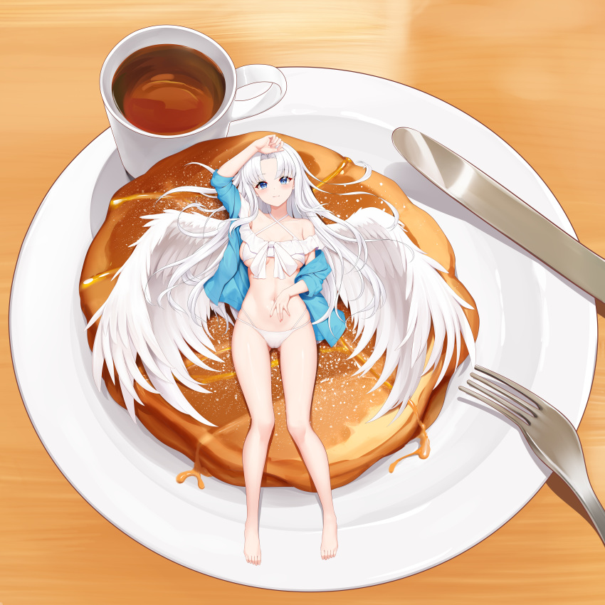 1girl absurdres angel_wings ass_visible_through_thighs barefoot bikini blue_eyes blue_jacket blush breasts closed_mouth commentary_request cup food fork highres jacket knife legs long_hair looking_at_viewer lying medium_breasts on_back on_stomach open_clothes open_jacket original plate shenqi_(toid310) smile swimsuit tea teacup thighs toes white_bikini white_hair white_wings wings