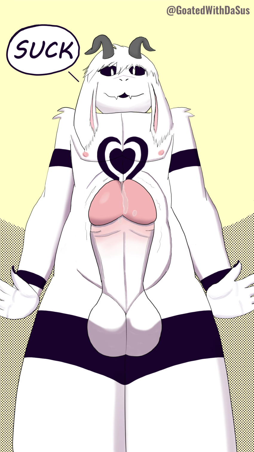 anthro asriel_dreemurr asriel_dreemurr_(god_form) black_sclera bodily_fluids bovid caprine command fur genital_fluids genitals goat goated grey_horn hi_res horn imminent_blowjob leaking_penis leaking_precum male mammal markings nipples penis precum signature simple_background solo throbbing_penis undertale undertale_(series) white_body white_fur yellow_background