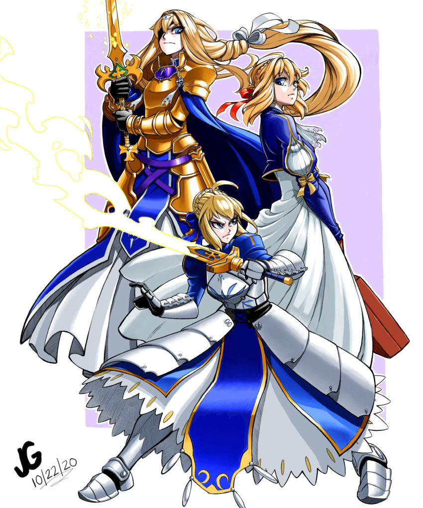 3girls ahoge alice_zuberg armor armored_boots armored_dress artoria_pendragon_(fate) blonde_hair blue_eyes boots crossover dated excalibur_(fate/stay_night) fate/stay_night fate_(series) gauntlets highres holding holding_sword holding_weapon jgeorgedrawz knight long_hair looking_at_another monochrome multiple_girls osmanthus_blade saber shoulder_armor signature simple_background standing suitcase sword sword_art_online sword_art_online:_alicization very_long_hair violet_evergarden violet_evergarden_(series) weapon