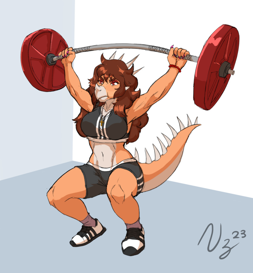 2023 anthro aquilops barbell barbell_squats big_breasts bottomwear bra bracelet breasts brown_hair claws clothing colored_claws crop_top crouching crucifix curvy_figure dated digital_drawing_(artwork) digital_media_(artwork) dinosaur exercise female fingers goodbye_volcano_high hair hi_res horn inside jewelry long_hair long_tail midriff multicolored_body multicolored_scales muscular muscular_anthro muscular_female navel necklace orange_body orange_scales pink_claws prometheuzone red_eyes reptile rosa_(gvh) scales scalie shirt shorts signature simple_background snoot_game snout solo spikes spikes_(anatomy) sports_bra tail tan_body tan_scales topwear two_tone_body two_tone_scales underwear v-cut weightlifting workout workout_clothing