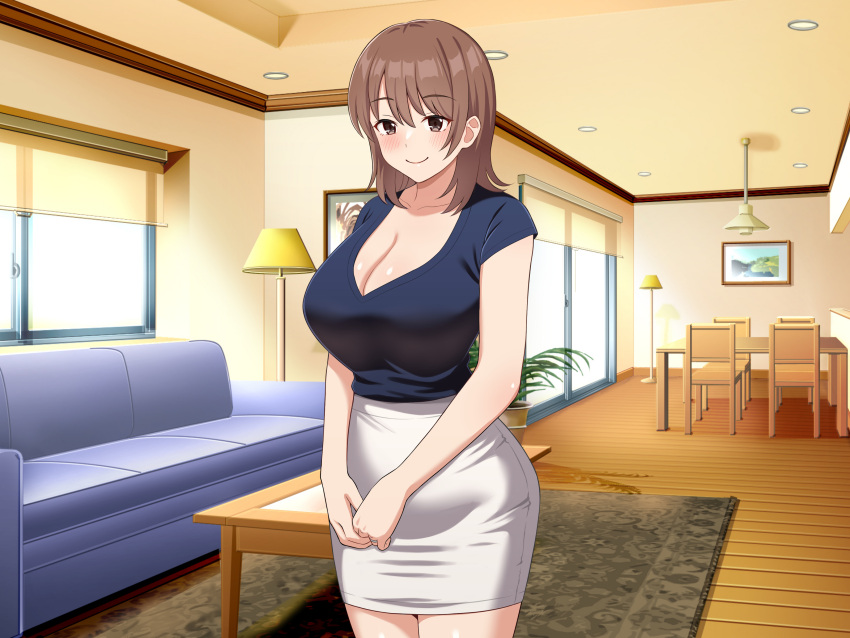 1girl absurdres blue_shirt blush breasts brown_eyes brown_hair cleavage closed_mouth collarbone couch hair_between_eyes highres indoors lamp large_breasts living_room medium_hair original pencil_skirt plant potted_plant shirt skirt solo table tokunaga_(umemoto) white_skirt wooden_floor