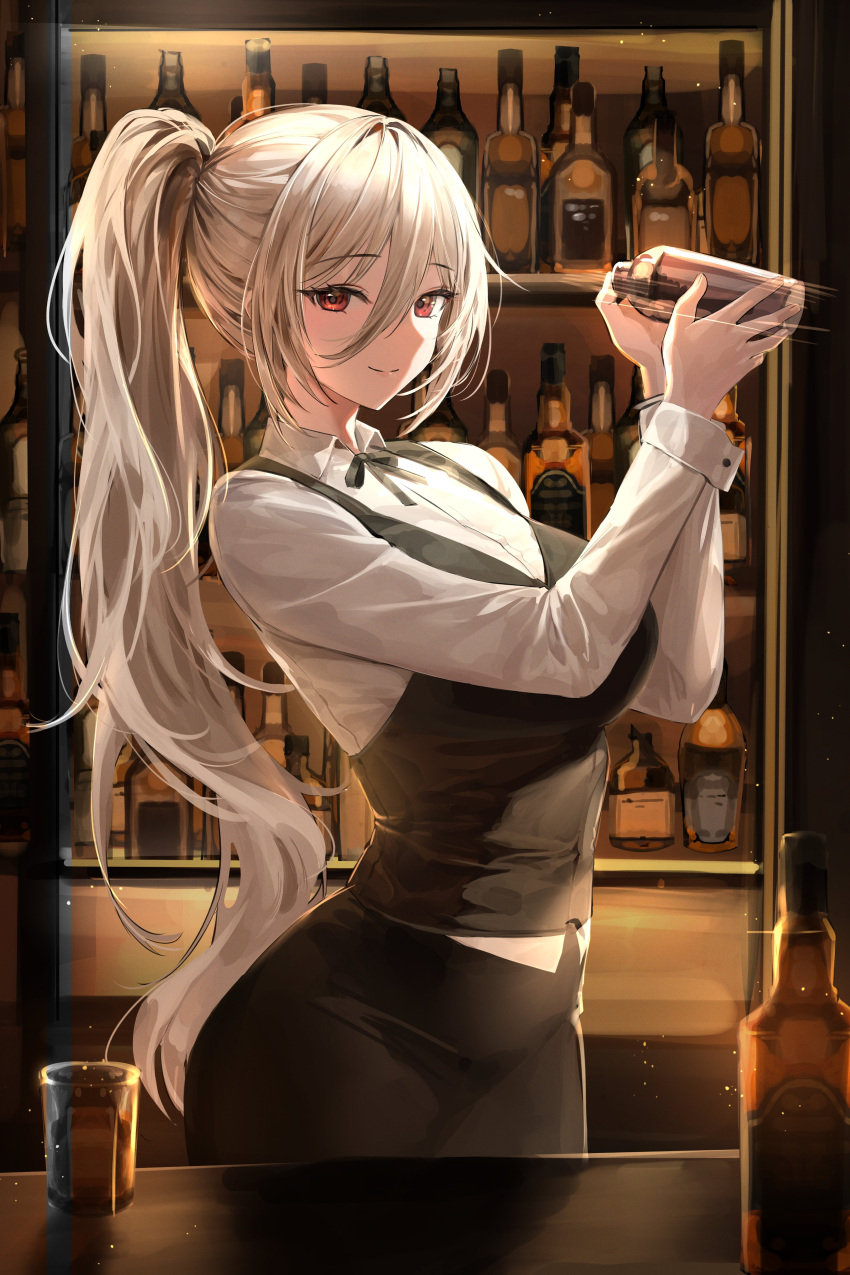 1girl absurdres alcohol arms_up bar_(place) bartender breasts cleavage cocktail_shaker cup drinking_glass hair_between_eyes highres large_breasts lillly long_hair long_sleeves looking_at_viewer original red_eyes shaking shirt smile solo