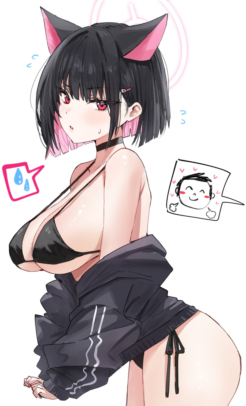 1girl animal_ears arona's_sensei_doodle_(blue_archive) bikini black_bikini black_choker black_hair black_jacket blue_archive blunt_ends blush breasts cat_ears choker extra_ears flying_sweatdrops halo highres horn/wood jacket jacket_partially_removed kazusa_(blue_archive) large_breasts leaning_forward looking_at_viewer pink_eyes pink_hair sensei_(blue_archive) short_hair side-tie_bikini_bottom sideboob solo spoken_expression spoken_sweatdrop string_bikini sweatdrop swimsuit underboob