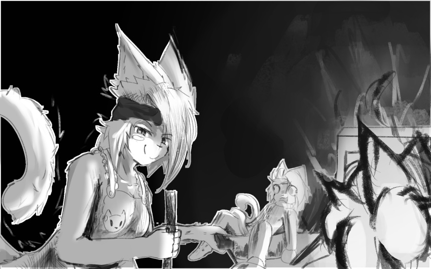 anthro apron black_and_white blush breasts clothing cute_expression duo explosion felid feline female fire food fuseadrift hatching_(art) hi_res humor mammal meowers monochrome shaded simple_background smile widescreen