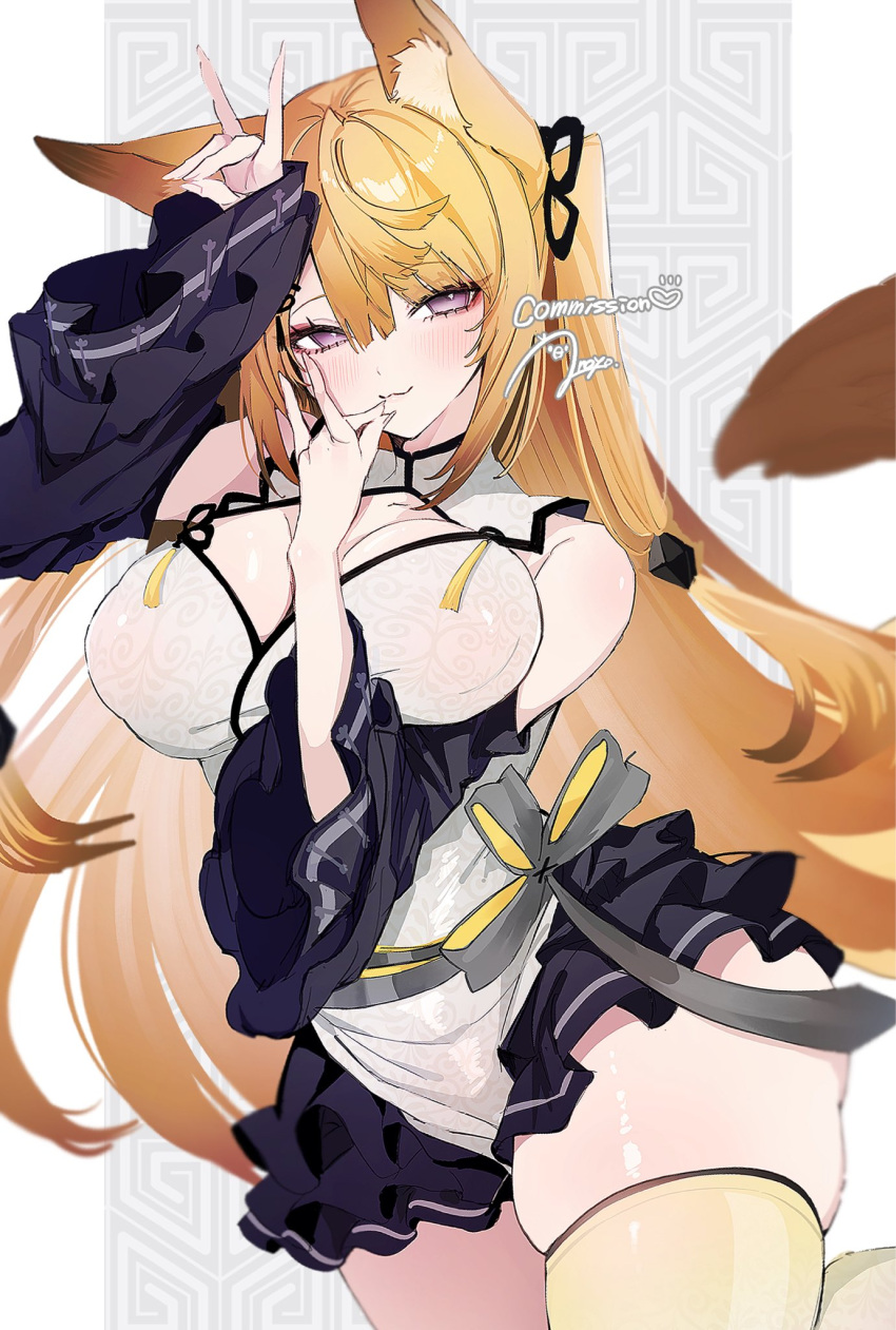 1girl animal_ears anoyo_(anoyode0) blonde_hair blush breasts cleavage commission fox_ears fox_girl fox_shadow_puppet highres indie_virtual_youtuber kurune_kokuri large_breasts long_hair purple_eyes single_thighhigh skeb_commission solo thighhighs two_side_up very_long_hair virtual_youtuber yellow_thighhighs
