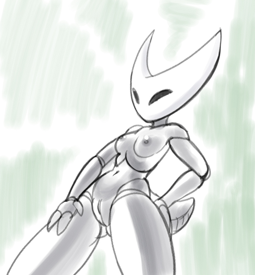 anthro arthropod black_body breasts colored_sketch female fours_(artist) genitals hand_on_leg hand_on_thigh hi_res hollow_knight hornet_(hollow_knight) low-angle_view nipples pussy sketch small_breasts solo team_cherry thorax