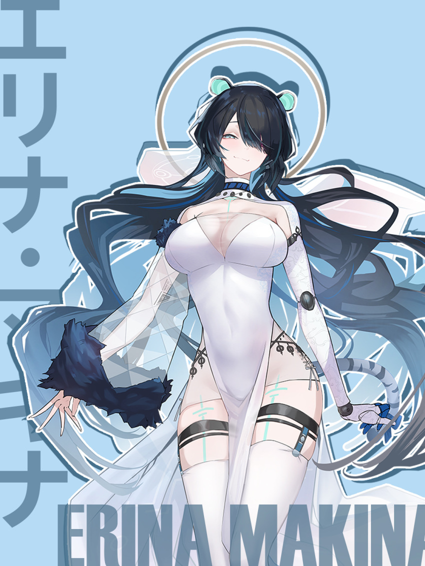 1girl animal_ears asymmetrical_arms black_hair blue_background blue_eyes blue_hair breasts character_name dress erina_makina fur_armlet hair_over_one_eye halo highres large_breasts long_hair mechanical_arms mins_(minevi) multicolored_hair official_art pelvic_curtain phase_connect second-party_source see-through see-through_cleavage shadow single_mechanical_arm streaked_hair tail thighhighs white_dress white_thighhighs