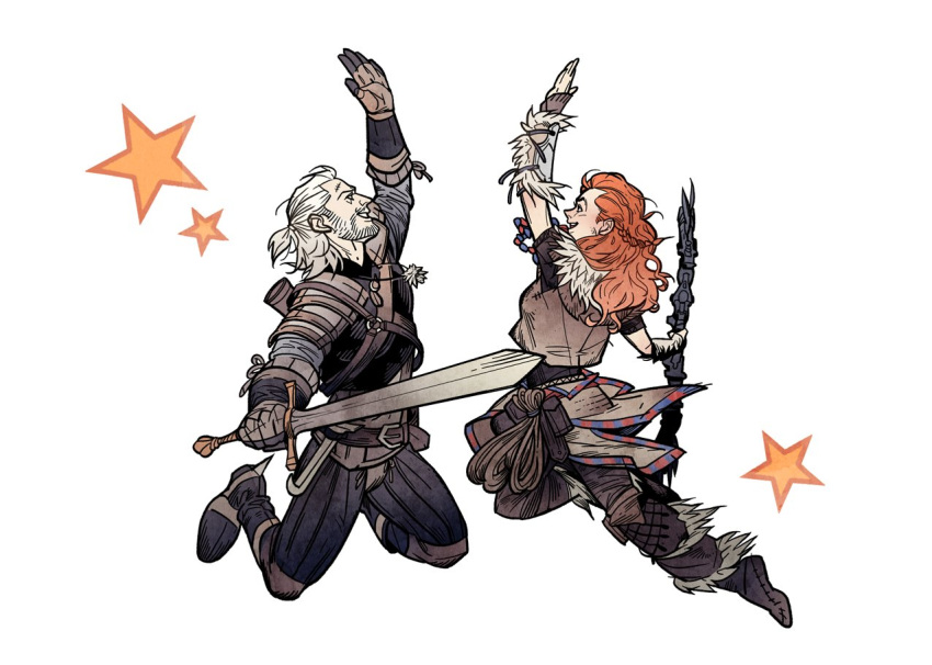 1boy 1girl aloy_(horizon) armor belt brown_belt brown_gloves crossover fingerless_gloves full_body geralt_of_rivia gloves high_five holding holding_sword holding_weapon horizon_zero_dawn jumping long_hair medium_hair official_art orange_hair simple_background sword the_witcher_(series) the_witcher_3 weapon white_background white_hair witcher_medallion