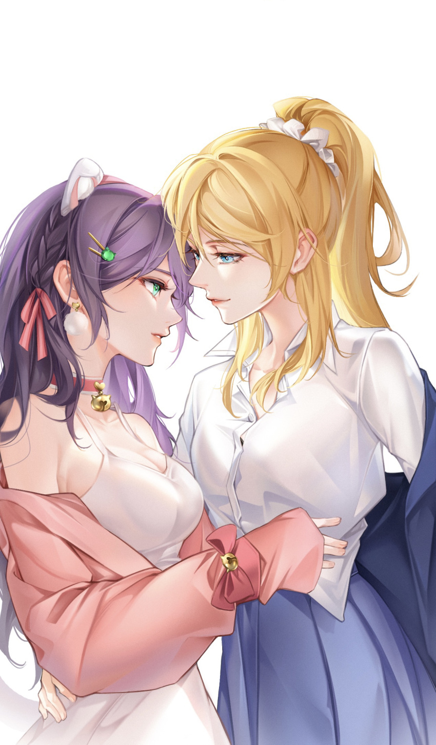 2girls animal_ear_piercing animal_ears ayase_eli bare_shoulders bell blonde_hair blue_eyes braid breasts cat_ears choker cleavage commentary_request cowboy_shot dress dress_shirt eye_contact french_braid hair_ornament hair_scrunchie hairclip height_difference highres hug jacket k.jhitsugi large_breasts lips long_hair looking_at_another love_live! love_live!_school_idol_project multiple_girls neck_bell open_clothes open_jacket paid_reward_available pink_choker pink_jacket ponytail scrunchie shirt side_braid sidelocks simple_background tokoyami_towa tokoyami_towa_(1st_costume) toujou_nozomi waist_hug white_background white_dress white_scrunchie white_shirt yuri