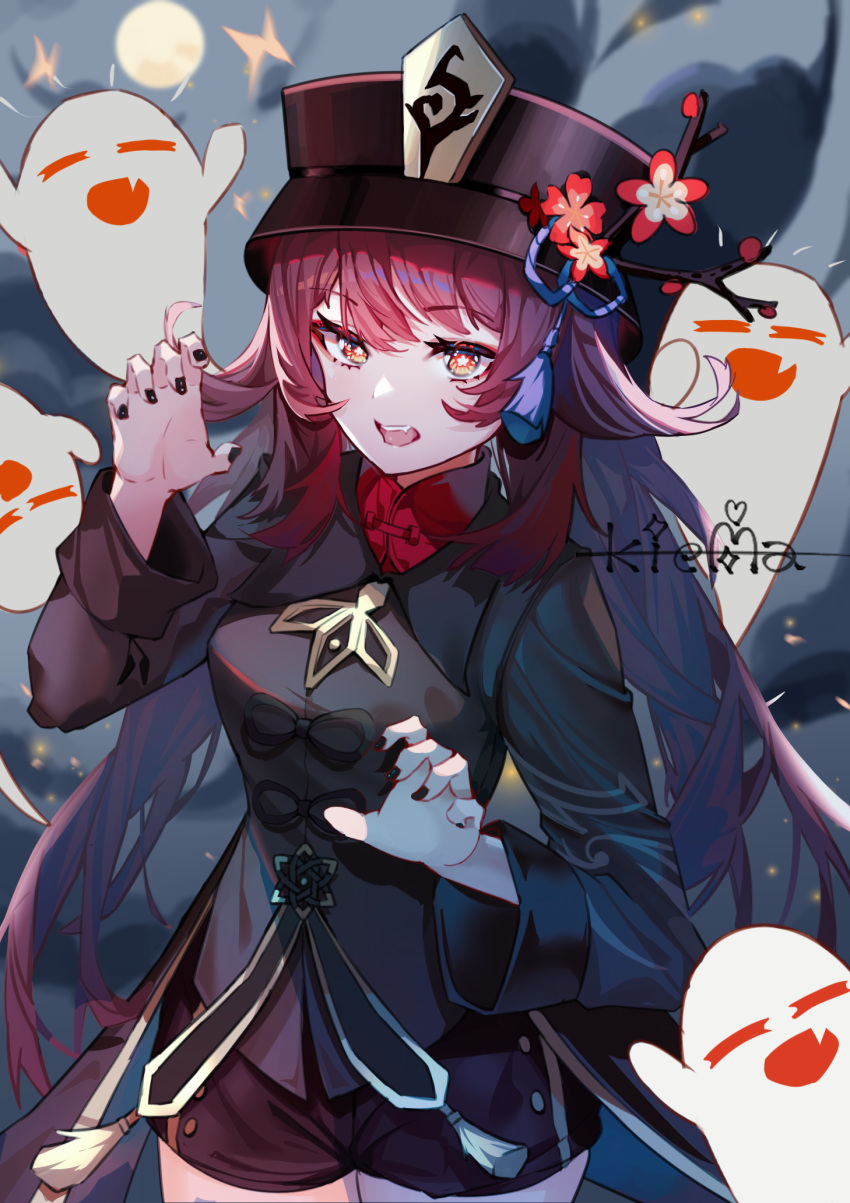 1girl black_coat black_headwear black_nails black_shorts boo_tao_(genshin_impact) bright_pupils brown_hair coat commentary_request flower flower-shaped_pupils genshin_impact ghost hat hat_flower hat_tassel highres hu_tao_(genshin_impact) kiema long_hair long_sleeves looking_at_viewer open_mouth orange_eyes shorts signature solo symbol-shaped_pupils twintails upper_body white_pupils