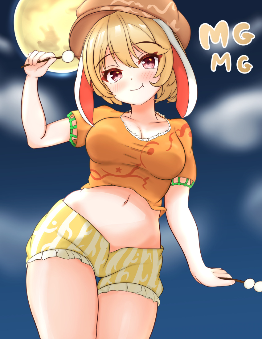 1girl animal_ears breasts brown_headwear cabbie_hat cleavage commentary_request dango flat_cap floppy_ears food full_moon hat highres kasoka_soka kine large_breasts mallet mg_mg midriff moon navel open_fly orange_shirt rabbit_ears rabbit_girl ringo_(touhou) shirt short_sleeves shorts solo stomach touhou wagashi yellow_shorts