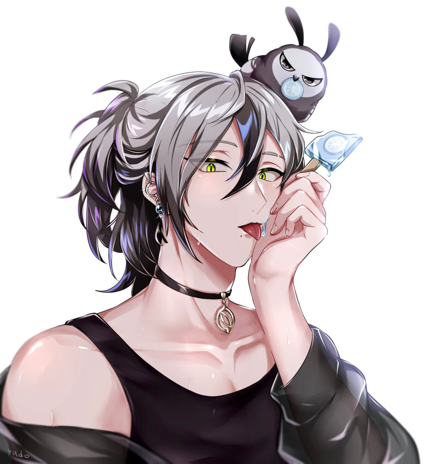 1boy :p absurdres alternate_costume animal_on_head bird bird_on_head bishounen black_choker brown_hair choker earrings eating father_(nu_carnival) food green_eyes grey_hair highres holding_ice_cream jewelry long_hair long_sleeves looking_at_viewer male_focus melting mole mole_under_mouth nu_carnival off_shoulder on_head owl pectorals popsicle rei_(nu_carnival) short_hair single_earring tongue tongue_out yadome810