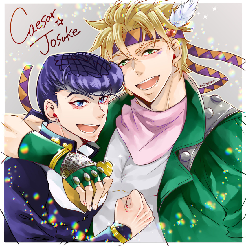 2boys battle_tendency black_hair blonde_hair blue_eyes caesar_anthonio_zeppeli clenched_hand diamond_wa_kudakenai diffraction_spikes facial_mark feather_hair_ornament feathers fingerless_gloves gakuran glint gloves green_eyes green_jacket hair_ornament headband higashikata_josuke highres jacket jojo_no_kimyou_na_bouken light_particles male_focus mikan03260 multiple_boys pink_scarf pompadour purple_hair scarf school_uniform sparkle time_paradox triangle_print