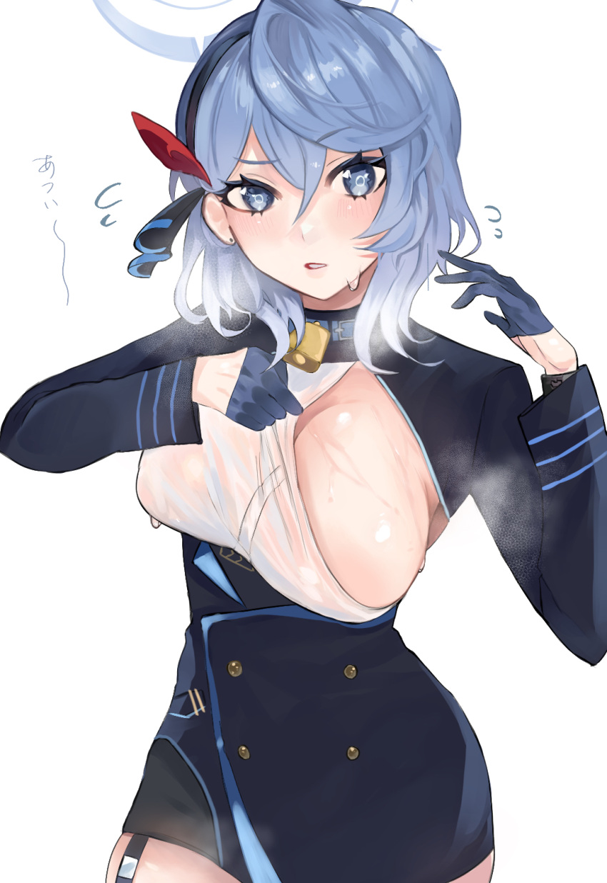 1girl ako_(blue_archive) bell blue_archive blue_eyes blue_hair blue_hairband blush breasts buttons collar commentary cowbell dddddvkoko earrings eyelashes fanning_self flying_sweatdrops gloves hair_between_eyes hair_ornament hairband half_gloves halo highres hot jewelry large_breasts long_bangs long_sleeves looking_at_viewer neck_bell parted_lips sideboob simple_background skirt steam steaming_body stud_earrings sweat sweaty_clothes uniform white_background