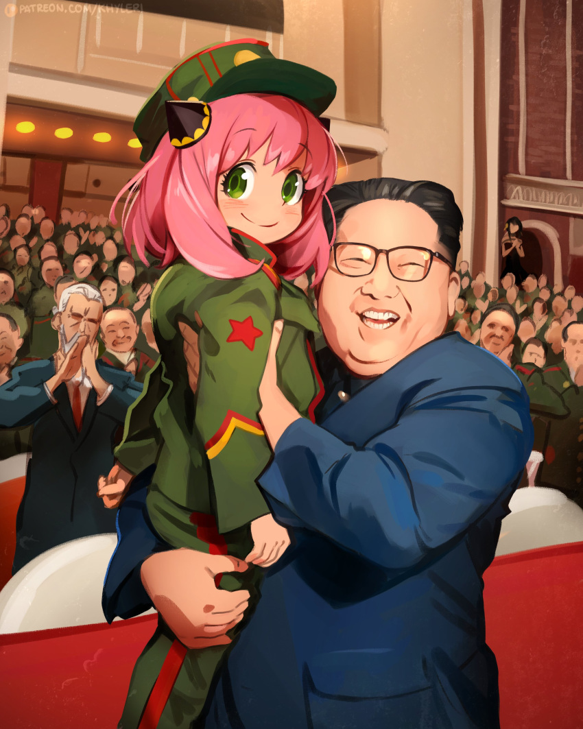 2girls 6+boys absurdres anya_(spy_x_family) asian black_hair blush formal glasses green_eyes green_headwear green_jacket hairpods hat highres indoors jacket khyle. kim_jong-un looking_at_viewer military military_uniform multiple_boys multiple_girls old old_man open_mouth pink_hair real_life short_hair smile spy_x_family suit teeth uniform yor_briar