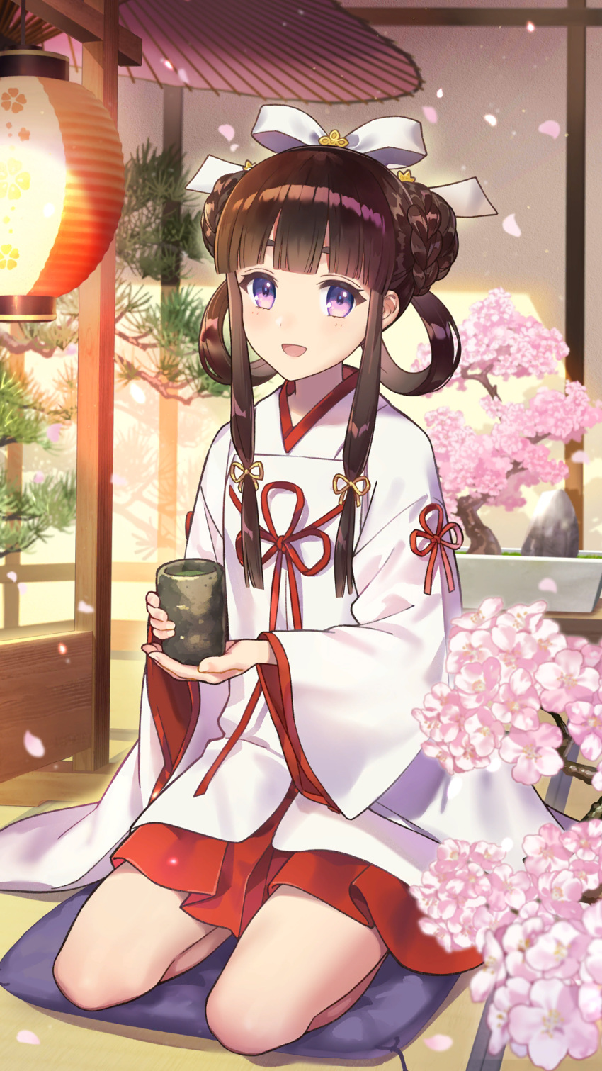 1girl :d black_hair blunt_bangs bonsai braid braided_bun cherry_blossoms cup cushion double_bun falling_petals flower_pot full_body girl_cafe_gun hair_bun hair_ribbon hair_rings hakama hakama_skirt hands_up highres holding holding_cup indoors japanese_clothes kikuri_yuki kimono kneeling lantern looking_at_viewer miko miniskirt official_art oil-paper_umbrella paper_lantern petals pine_tree pink_umbrella purple_eyes red_ribbon red_skirt ribbon shouji sidelocks skirt sliding_doors smile solo tatami tree umbrella white_kimono white_ribbon wide_sleeves yunomi zabuton