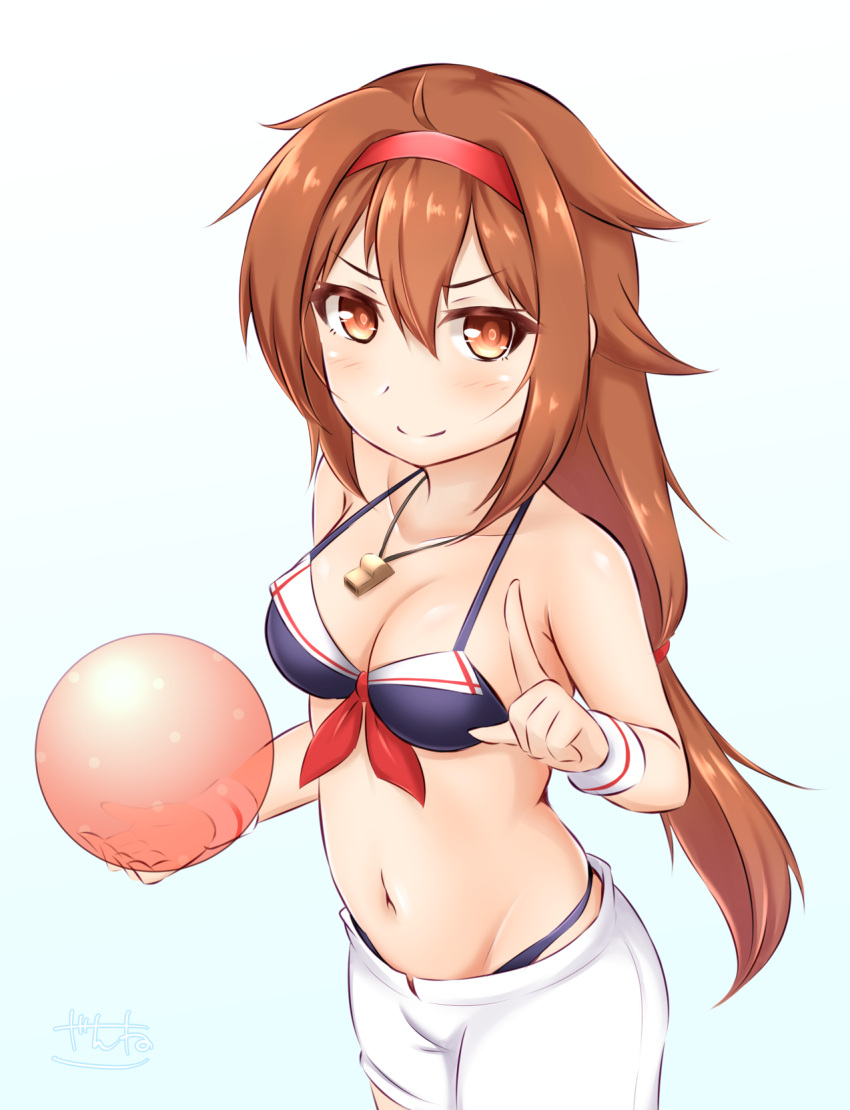 1girl adapted_costume ball beachball bikini black_bikini breasts brown_eyes brown_hair cleavage hair_flaps hairband highres index_finger_raised kantai_collection medium_breasts navel official_alternate_costume one-hour_drawing_challenge red_hairband shiratsuyu_(kancolle) shiratsuyu_kai_ni_(kancolle) shorts simple_background smile solo swimsuit whistle whistle_around_neck white_background white_shorts zanne