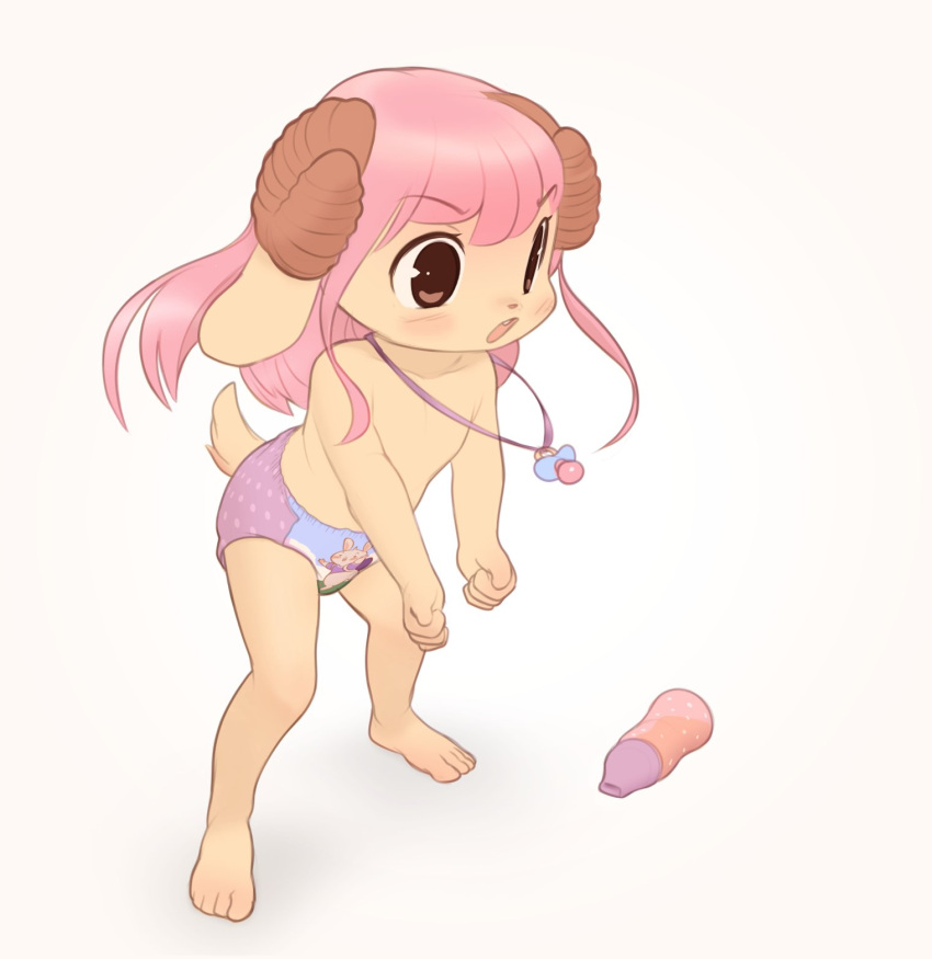 ambiguous_fluids angry anthro blush bovid brown_eyes caprine clenched_fists clothed clothing diaper diaper_only eyebrow_through_hair eyebrows fangs featureless_chest feet felyn female hair hi_res horn long_hair mammal open_mouth pacifier pacifier_clip pattern_diaper pink_hair pull-ups_(diaper) scut_tail sheep short_tail simple_background sippy_cup solo standing tail tantrum teeth toddler topless translucent translucent_hair white_background young