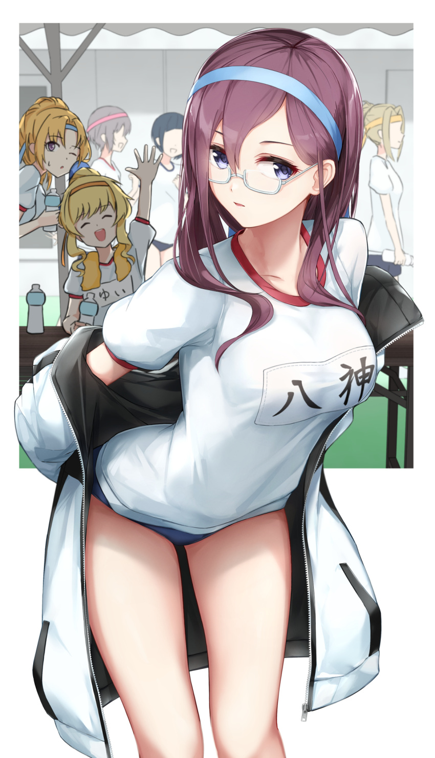 6+girls bare_legs blue_buruma blue_headband bottle breasts buruma collarbone feet_out_of_frame glasses grey-framed_eyewear gym_shirt gym_uniform headband highres idolmaster idolmaster_cinderella_girls jacket kiryu_tsukasa_(idolmaster) leaning_forward looking_at_viewer manabe_itsuki medium_breasts multiple_girls nakata_(nkt_vvd) name_tag ohtsuki_yui okazaki_yasuha otokura_yuuki shirt short_sleeves solo_focus two-sided_fabric two-sided_jacket yagami_makino