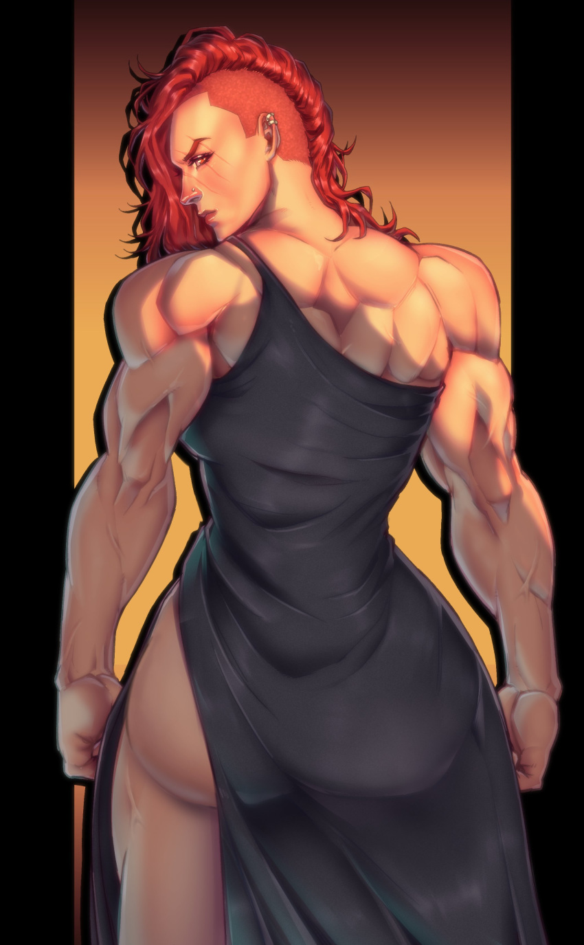 1girl absurdres ass az_ciam backless_dress backless_outfit black_dress dress earrings frown highres huge_ass jewelry long_hair looking_back muscular muscular_female nose_piercing nose_ring original piercing red_eyes red_hair scar scar_across_eye shaved_head solo