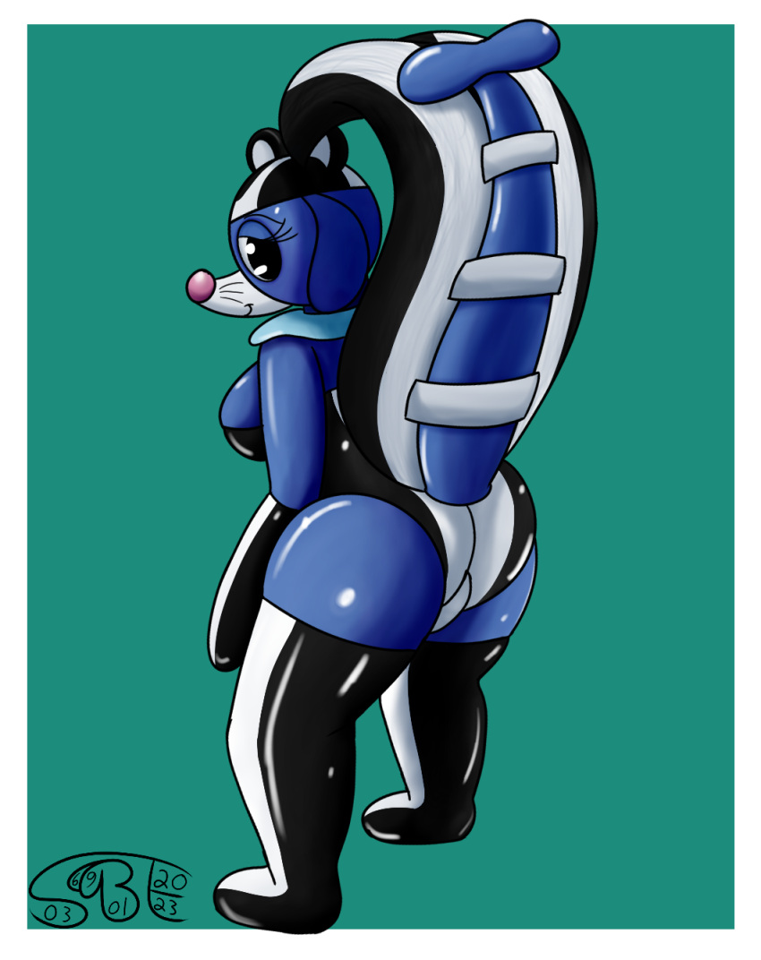 anthro big_butt blue_body butt clothing costume female fizzy_pop_the_popplio floppy_ears generation_7_pokemon headgear headwear hi_res lingerie looking_at_viewer looking_back nintendo pattern_clothing pokemon pokemon_(species) pokemorph popplio raised_tail rear_view sexybigears69 simple_background solo striped_clothing stripes tail thick_thighs