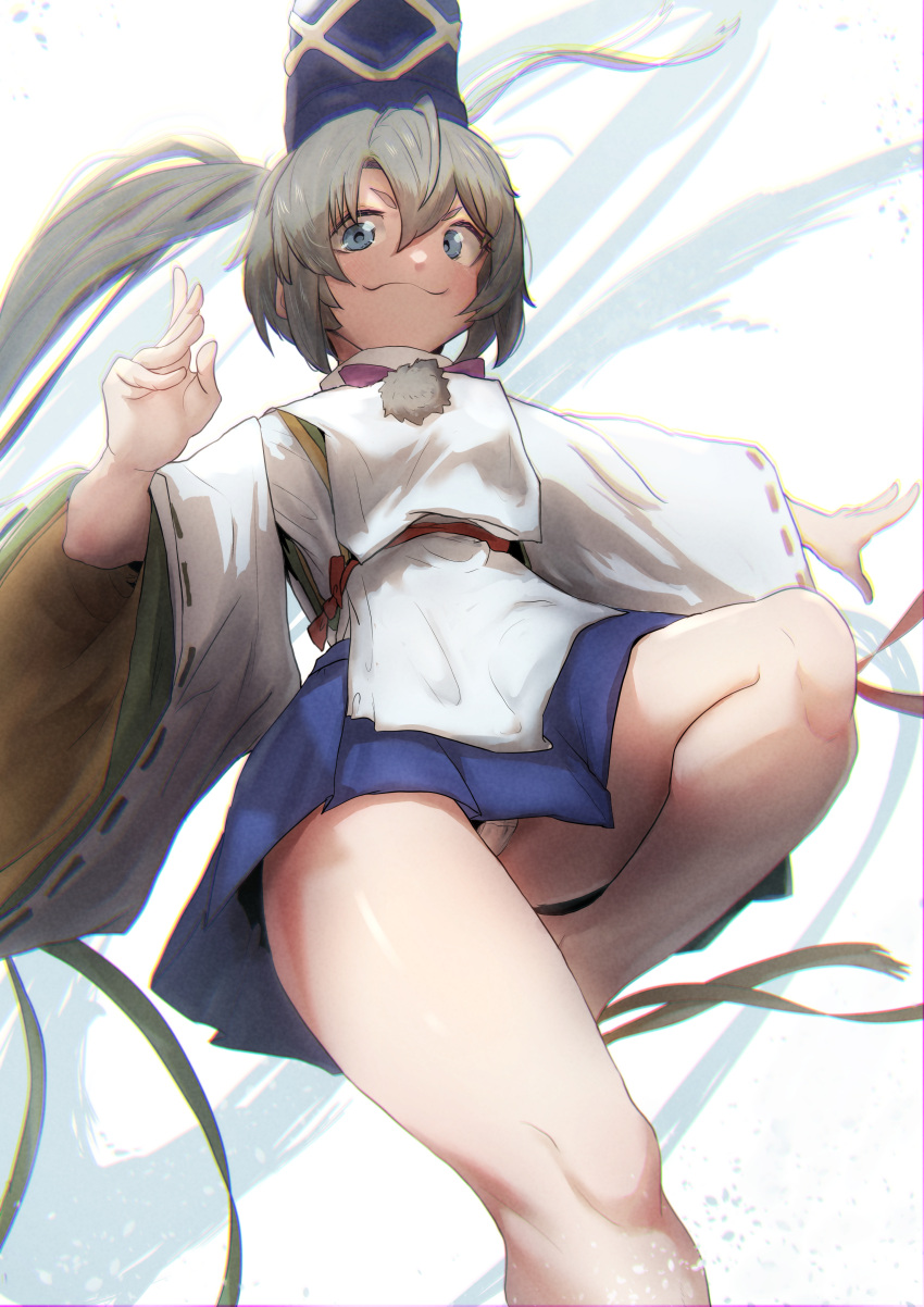 1girl absurdres blue_eyes blue_headwear blue_skirt closed_mouth commentary_request foot_out_of_frame grey_hair hair_between_eyes hat highres japanese_clothes kariginu knee_up long_bangs long_hair long_sleeves looking_at_viewer mononobe_no_futo panties pantyshot pom_pom_(clothes) ponytail ribbon-trimmed_sleeves ribbon_trim shiny_skin skirt smile solo sotatsudraw tate_eboshi touhou underwear v-shaped_eyebrows very_long_hair white_background white_panties wide_sleeves