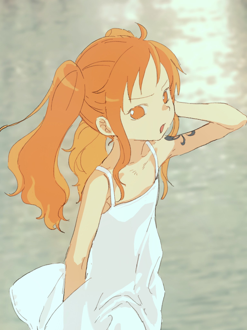 1girl aged_down arm_behind_head bare_shoulders collarbone cowboy_shot dress female_child flat_chest from_side hair_behind_ear highres long_hair looking_at_viewer looking_to_the_side nami_(one_piece) one_piece one_piece_film:_z open_mouth orange_eyes orange_hair outdoors shoulder_tattoo sleeveless sleeveless_dress solo spaghetti_strap tattoo twintails urasanmyaku white_dress