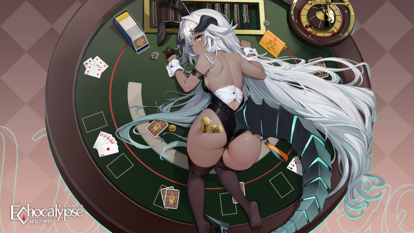 1girl animal_ears artist_request ass back black_gloves black_horns black_leotard card dark-skinned_female dark_skin echocalypse fake_animal_ears gloves grey_hair half_gloves highres horns leotard long_hair mechanical_tail median_furrow official_art on_table playboy_bunny playing_card poker_chip poker_table rabbit_ears roulette second-party_source solo table tail thighhighs vera_(echocalypse) white_wrist_cuffs