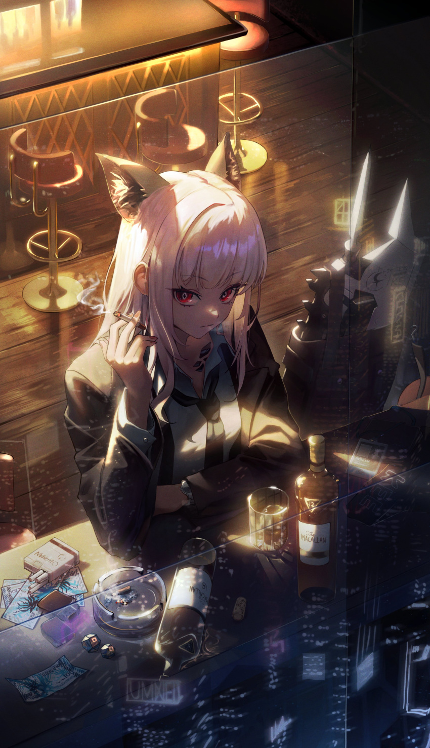 1girl absurdres animal_ear_fluff animal_ears arknights ashtray bar_stool between_fingers black_jacket black_necktie bottle cigarette cigarette_pack closed_mouth commentary frostleaf_(arknights) hand_up highres holding holding_cigarette indoors isolatediev jacket long_hair long_sleeves looking_at_viewer necktie open_clothes open_jacket red_eyes reflection shirt solo stool watch white_hair white_shirt wooden_floor wristwatch