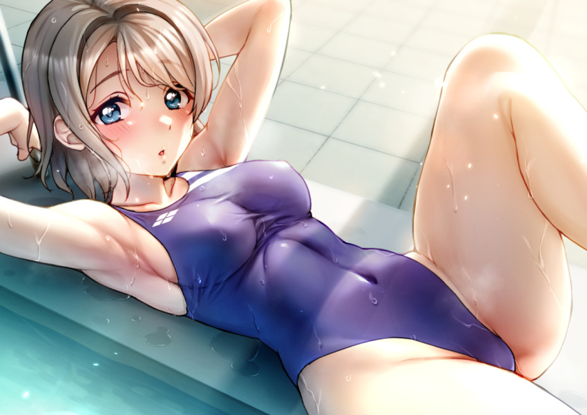 1girl :o armpits arms_up blue_eyes blue_one-piece_swimsuit breasts competition_swimsuit covered_navel grey_hair highleg highleg_swimsuit leg_up looking_at_viewer love_live! love_live!_sunshine!! lying medium_breasts on_back one-piece_swimsuit poolside rokko short_hair solo swimsuit thighs tile_floor tiles watanabe_you water wet