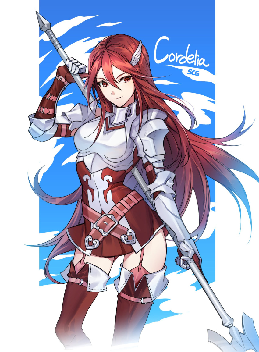 1girl armor armored_dress belt belt_buckle breastplate buckle character_name closed_mouth commentary cordelia_(fire_emblem) crossed_belts dress fire_emblem fire_emblem_awakening garter_straps gauntlets hair_between_eyes hair_ornament highres holding holding_polearm holding_weapon long_hair pink_belt polearm red_dress red_eyes red_hair shoulder_armor silvercandy_gum smile solo spear very_long_hair weapon wing_hair_ornament