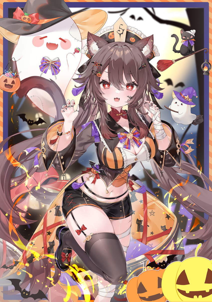 1girl adapted_costume alternate_breast_size animal_ear_fluff animal_ears animal_print bandaged_arm bandaged_leg bandages black_footwear black_shorts black_thighhighs blush boo_tao_(genshin_impact) bracelet breasts broom broom_riding brown_coat brown_hair candy cat_ears cat_print claw_pose cleavage coat coattails commentary fangs flower-shaped_pupils food food-themed_hair_ornament garter_straps genshin_impact ghost hair_ornament halloween_bucket halloween_costume hands_up hat highres hu_tao_(genshin_impact) jewelry large_breasts leg_up long_hair long_sleeves looking_at_viewer midriff multiple_rings navel open_mouth pumpkin pumpkin_hair_ornament red_eyes red_nails ring short_shorts shorts single_thighhigh solo standing standing_on_one_leg star_(symbol) star_print symbol-shaped_pupils tassel thighhighs thighs very_long_hair wide_sleeves witch_hat yuia
