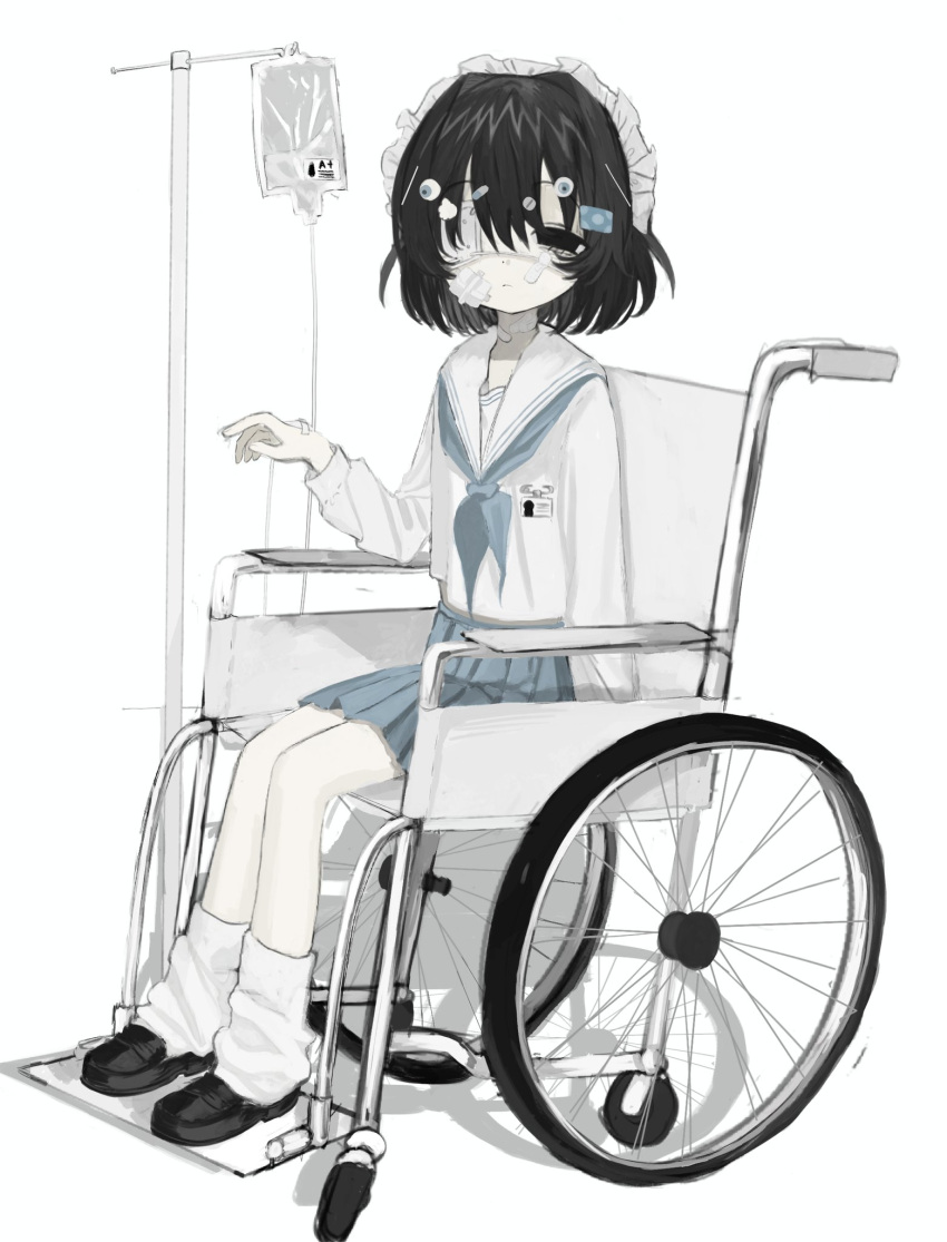 1girl bandage_on_face bandages bandaid bandaid_on_neck black_eyes black_footwear black_hair blue_neckerchief blue_skirt closed_mouth dot_nose eye_hair_ornament eyepatch hand_up headdress highres id_card intravenous_drip loafers looking_at_viewer loose_socks medical_eyepatch neckerchief no_pupils null404 original pill_hair_ornament pleated_skirt sailor_collar school_uniform shoes short_hair simple_background sitting skinny skirt socks solo wheelchair white_background white_sailor_collar white_socks