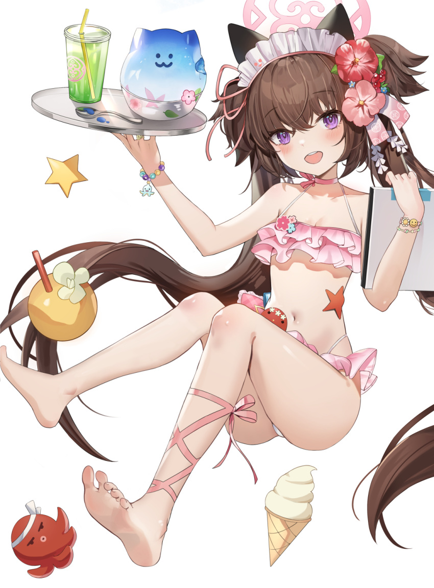 1girl bare_shoulders barefoot bikini blue_archive brown_hair child commentary female_child flat_chest flower frilled_bikini frills hair_flower hair_ornament halo happy highleg highleg_bikini highres holding holding_plate iino_(isnyong) long_hair looking_at_viewer navel pink_bikini plate purple_eyes shizuko_(blue_archive) shizuko_(swimsuit)_(blue_archive) smile solo spaghetti_strap stomach swimsuit twintails white_headdress