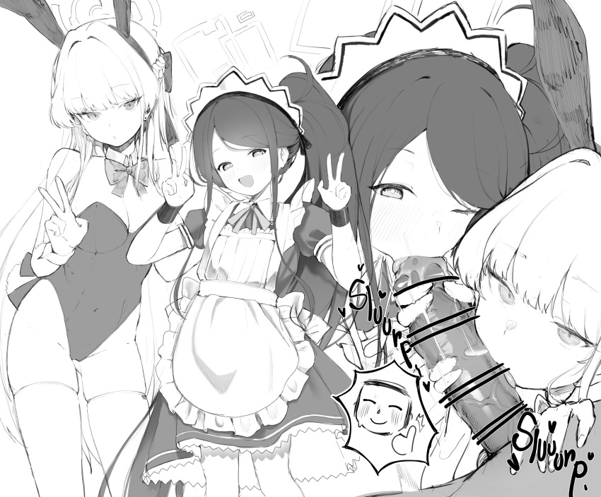 1boy 2girls :&gt;= apron aris_(blue_archive) aris_(maid)_(blue_archive) arona's_sensei_doodle_(blue_archive) blue_archive blush bow bowtie cooperative_fellatio detached_collar double_v fellatio greyscale halo handjob highres long_hair maid maid_apron maid_headdress monochrome multiple_girls one_eye_closed oral playboy_bunny sensei_(blue_archive) side_ponytail teriibol thighhighs thumbs_up toki_(blue_archive) toki_(bunny)_(blue_archive) v very_long_hair wrist_cuffs