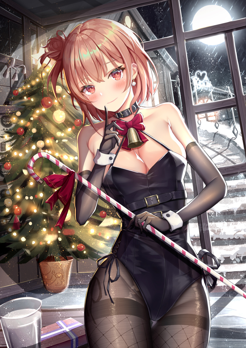 1girl absurdres bare_shoulders bell black_collar black_gloves black_leotard black_pantyhose blush bow bowtie box breasts cane christmas_lights christmas_tree cleavage closed_mouth collar cowboy_shot cup drinking_glass earrings elbow_gloves finger_to_mouth gift gift_box gloves groin hair_bun hand_up highleg highleg_leotard highres holding holding_cane indoors jewelry large_breasts leotard looking_at_viewer medium_hair moon neck_bell night orange_hair pantyhose plant potted_plant red_bow red_bowtie red_ribbon ribbon single_earring single_hair_bun single_side_bun snow snowing solo stairs stone_stairs thigh_gap thighs white_wrist_cuffs window yahari_ore_no_seishun_lovecome_wa_machigatteiru. yoshiyoki yuigahama_yui